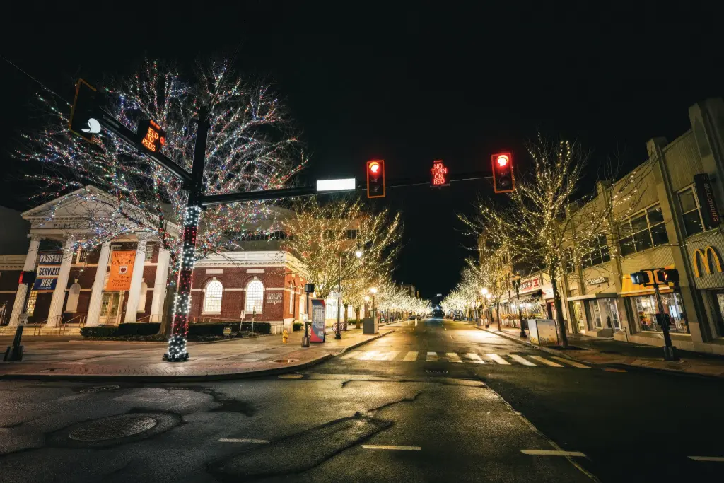 Empty street with festive lights illuminating buildings and trees at night